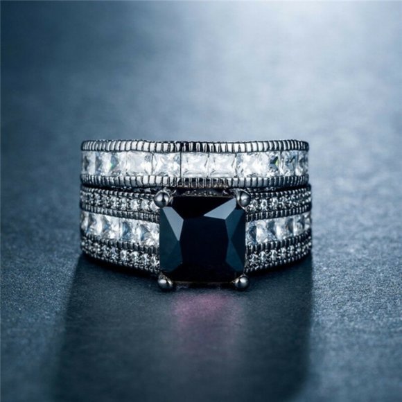 Black White Diamond Wedding Ring 2 Piece Set 7 - Picture 7 of 8